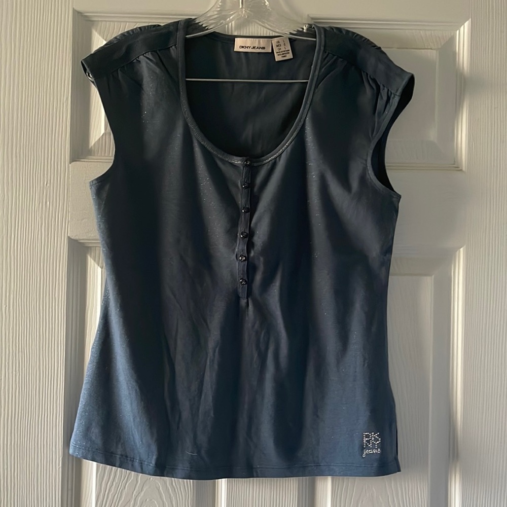 DKNY Jeans sleeveless top. Size L. Blue with silver in the thread. Never worn .